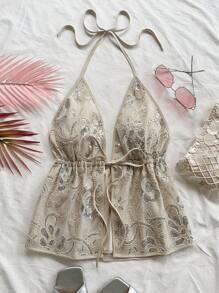 Soleia 女士度假浪漫串珠刺绣 V 领系带无袖上衣，节日派对/约会之夜/下午茶上衣，适合派对、约会、婚礼季、海滩、游轮、音乐节、波西米亚风度假