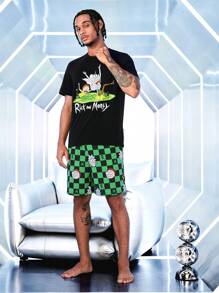 Rick and Morty X SHEIN Men's Funny Cartoon Pattern Short Sleeve Top And Checkerboard Shorts Pajama Set, Comfortable Fabric For Everyday Wear