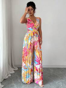 Elenzga Women's Floral Print Cinched Waist Jumpsuit With Pleating, Elegant For Vacation And Everyday Commuting - Multicolor - View 5