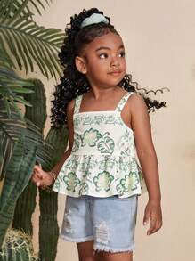 SHEIN Young Girl Ditsy Floral Chiffon Camisole Casual Vacation Tank Top - Green - View 6