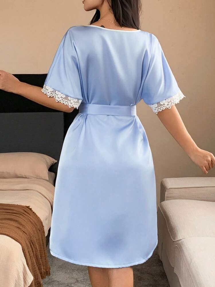 Satin Color Block & Lace Waistband Slip Dress For Women Pajama