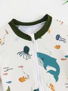 新生儿和幼儿男童前拉链防紫外线泳衣连体衣，适合夏季海滩度假