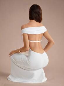 SHEIN Tall Váy dài bó sát hở lưng gợi cảm mùa cưới màu trắng cho nữ, tiệc hẹn hò phù hợp cho kỳ nghỉ hè - trắng - Xem 3