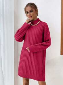 EURMUSE High Collar Drop Shoulder Ribbed Knit Solid Color Sweater Dress,Winter Dresses For Women,Petite - Hot Pink - View 5