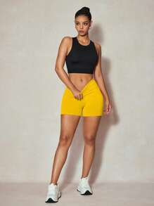 SHEIN Core Rhythm 女式褶皱腰性感提升瑜伽短裤，舒适弹力健身短裤 - 黃色 - 查看 6