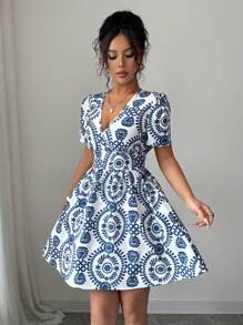 Elenzga Women's Blue & White Print V-Neck Cinched Waist Casual Mini Dress, Flattering And Holiday Style