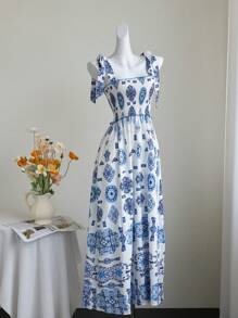 SHEIN Unity Blue Holiday Style Strap Porcelain Print Slip Dress - Blue - View 5