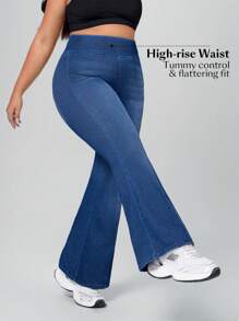 Flexra Plus Size Casual High Waist Bell Bottom Jeans - Blue - View 5
