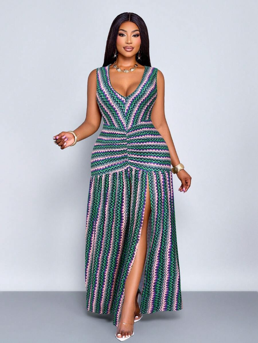 SOLERSUN 大码几何纹理印花 V 领开衩无袖连衣裙紧身连衣裙西部风春夏