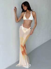 Aloruh Set Bikini Rajut 2 Potong Wanita: Atasan Crop Mikro Tanpa Lengan Model Halter dengan Tali Belakang dan Rok Pantai Semi-Transparan Pinggang Tinggi dan Pinggang Rendah - Biru - View 6