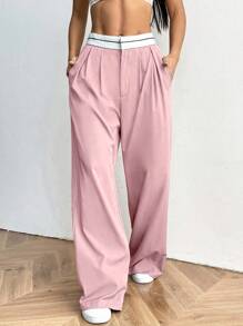 SHEIN EZwear Women's Casual Pink Woven Fabric Long Suit Pants With Zipper Detail And Wide Leg Design In Fall/Winter - Pink - View 1