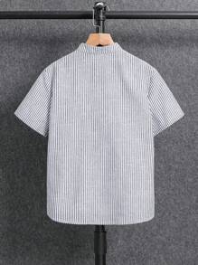 SHEIN Tween Boy Casual College/Vacation Striped Stand Collar Shirt, Versatile For Commute, School, Daily Casual Wear, Suitable For Sports, Spring/Summer - Blue - View 3