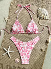 Swim Mod Bộ 2 món/Bộ đồ bơi bikini gợi cảm đi biển mùa hè họa tiết sọc ngẫu nhiên trang trí vỏ sò kim loại hở lưng ba lỗ & quần hở cao - Nhiều màu - Xem 2