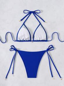 SHEIN Swim Women's Vacation Beach Swimsuit Set, Rhinestone Embellished For Summer - Blue - View 6