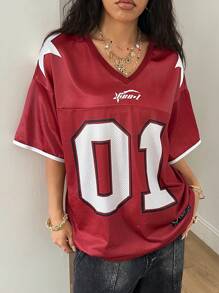 Coolane Tween Girls Spring/Summer Y2K Going Out Game Day Streetwear Number Pattern Over Size Jersey T-Shirt - Burgundy - View 4