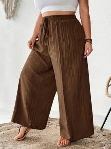 SHEIN CURVE+ Quần ống rộng thời trang công sở đi làm thanh lịch, quần túi, trang phục đi nghỉ mát bãi biển mùa hè/đồng quê/bãi biển/bãi biển, trang phục công sở nữ, quần ống rộng cho giáo viên quần ống rộng boho cỡ lớn quần ống rộng quần ống rộng quần đi biển cỡ lớn quần ống rộng - màu nâu - Xem 8