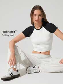 GLOWMODE FeatherFit™ Ready Or Raglan Soft Stretchy Colorblock Short Sleeve Baby Crop Tee Top Low Impact Yoga Pilates Studio Gym Daily - Hitam dan Putih - View 1