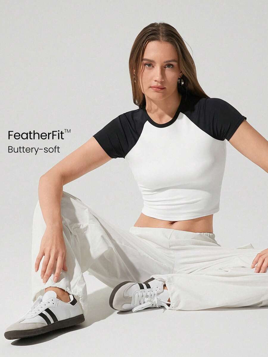 GLOWMODE FeatherFit™ Ready Or Raglan Soft Stretchy Colorblock Short Sleeve Baby Crop Tee Top Low Impact Yoga Pilates Studio Gym Daily - Hitam dan Putih - View 1