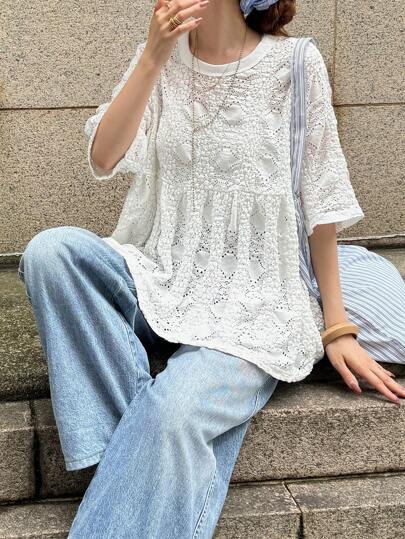 FRIFUL Camiseta holgada y versátil de mujer con cuello redondo, plisada y texturizada, para uso casual, prenda de vestir de manga larga para mujer en resort, ropa de mujer para otoño