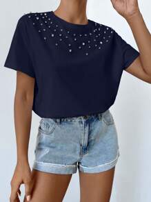 Camiseta de cuello redondo de manga corta con decoración de rhinestones para mujer
