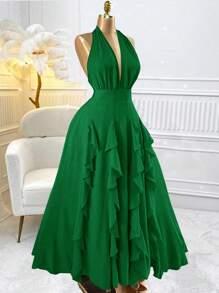 Viva Relle 大码女式优雅纯色露背蝴蝶结荷叶边波浪海滩派对生日俱乐部节日春夏新款连衣裙 - 綠色 - 查看 1