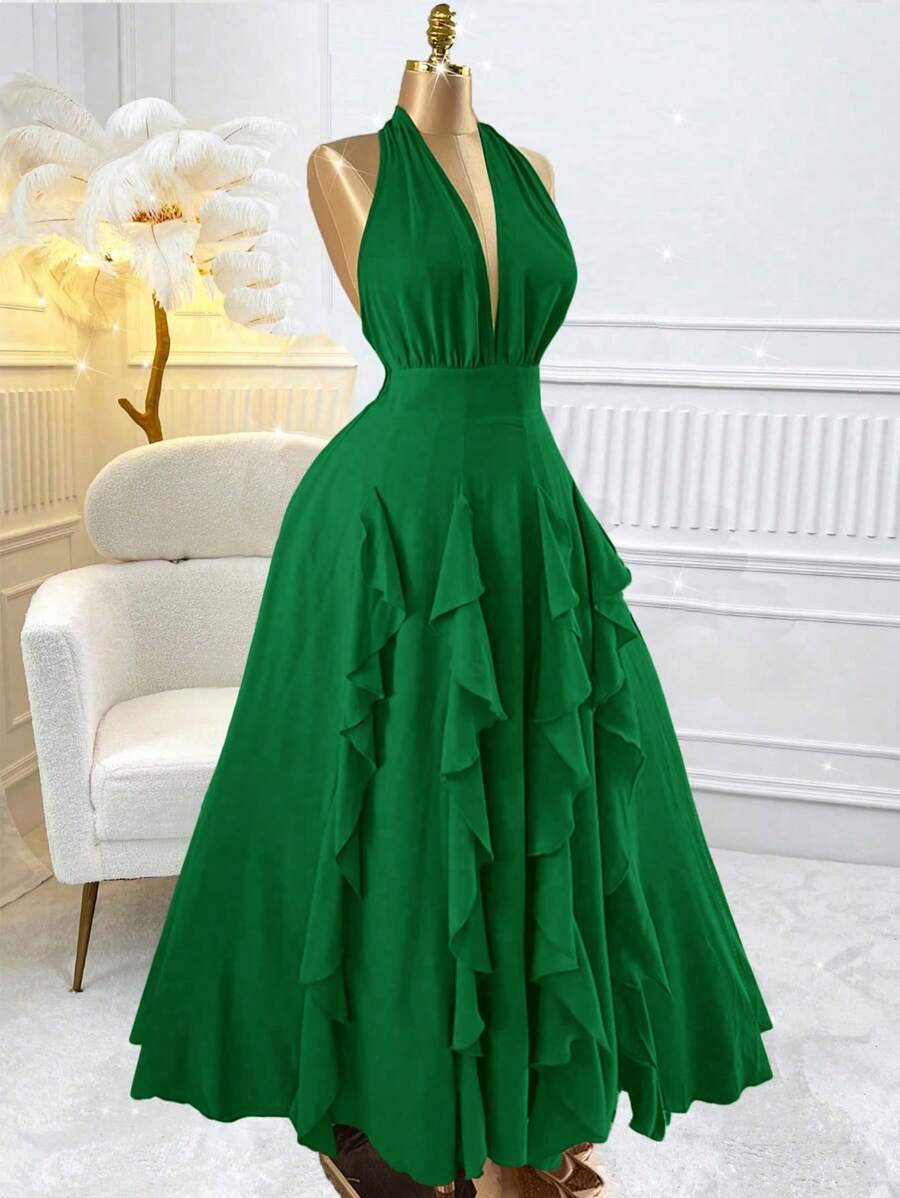 Viva Relle 大码女式优雅纯色露背蝴蝶结荷叶边波浪海滩派对生日俱乐部节日春夏新款连衣裙 - 綠色 - 查看 1