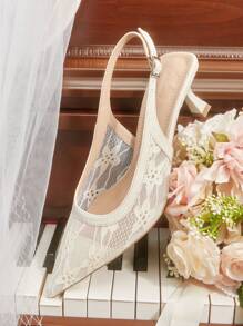 CUCCOO HITCHD White Lace Pointy Toe Hollow Out High Heel Pumps For Women, Bridal Wedding Vacation Style - Apricot - View 7