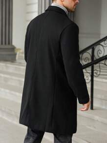 Manfinity Homme Plus Size Men Solid Color Lapel Neck Single Breasted Overcoat, Men's Black Coat, For Fall Winter