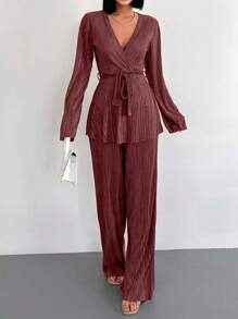 EURMUSE Surplice Neck Belted Top & Wide Leg Pants - Berwarna merah muda - View 3