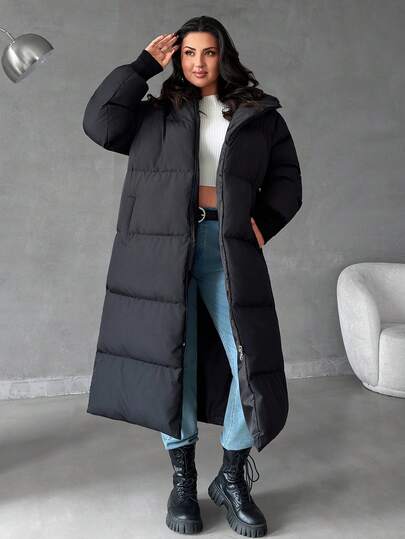 EURMUSE Damjacka med lös passform, huva och dragkedja, långärmad vadderad kappa, vinterkläder, vinterkläder för kvinnor, vadderad kappa för kvinnor, plus size