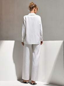 CLARA VERO 长袖衬衫和中腰长直筒裤条纹套装 - 白色 - 查看 7