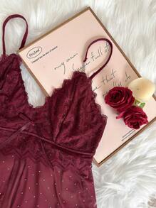 SilkySpell 2件套性感蕾丝拼接水钻网眼吊带背心和性感睡裤女士 - 酒紅色 - 查看 3