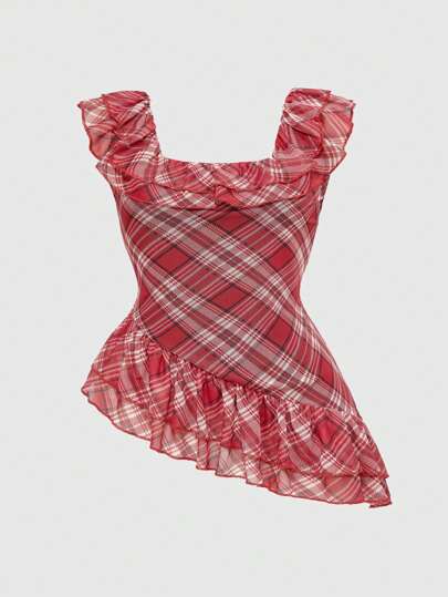 J-Fashion Plus Size Y2K Vintage Plaid Asymmetric Hem Camisole