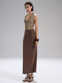 LYSMO 2025 新款夏季女式亮片露背深 V 领修身针织上衣，镂空纹理，编织风格，波西米亚度假风情，非常适合夏季派对、海滩郊游和独特造型，复古 - 卡其色 - 查看 7