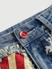 ROMWE Avant Plus Size Women 4th Of July Retro America USA Flag Print Distressed Denim Shorts, Pin-Up Style - Multicolor - View 3