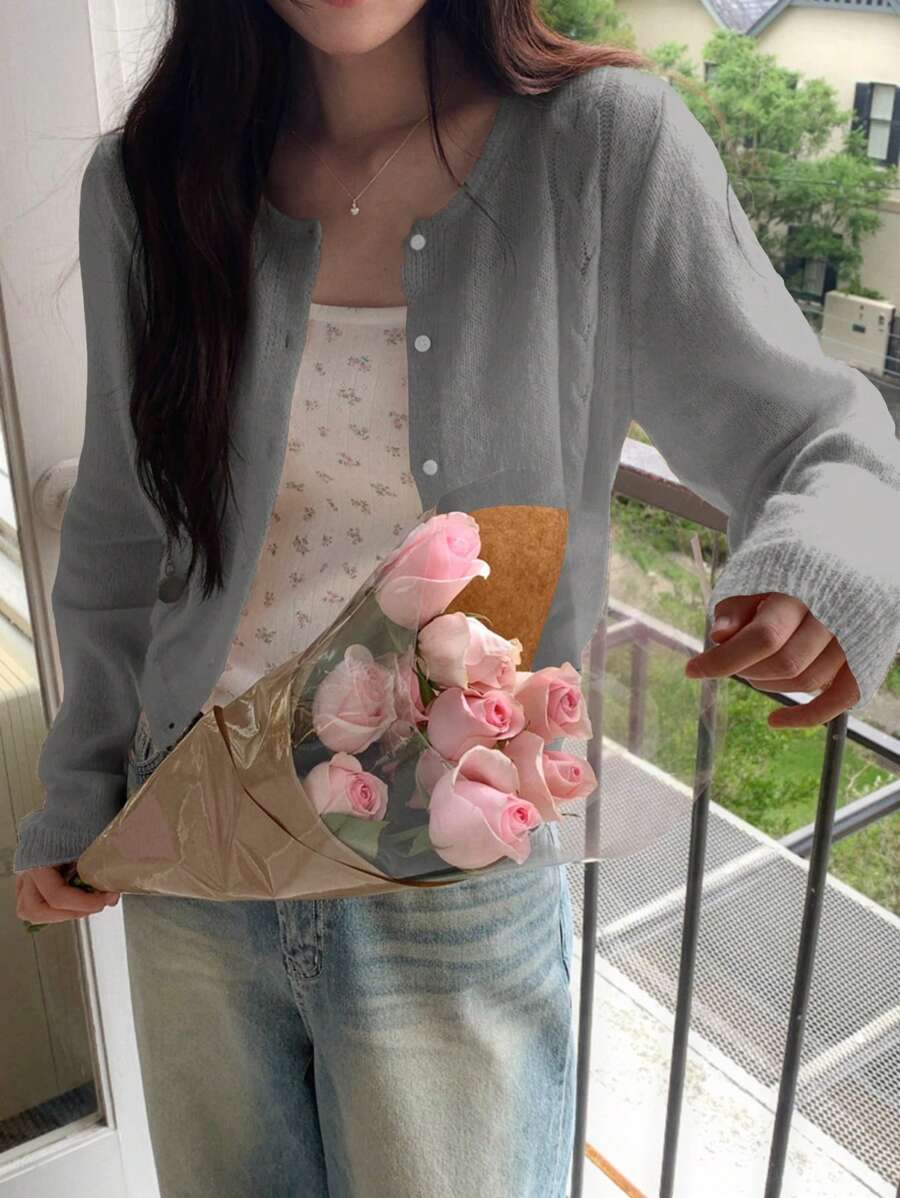 DAZY Áo khoác cardigan nhẹ tối giản rộng rãi cho nữ, phong cách nữ tính - Màu Xám nhạt - Xem 1