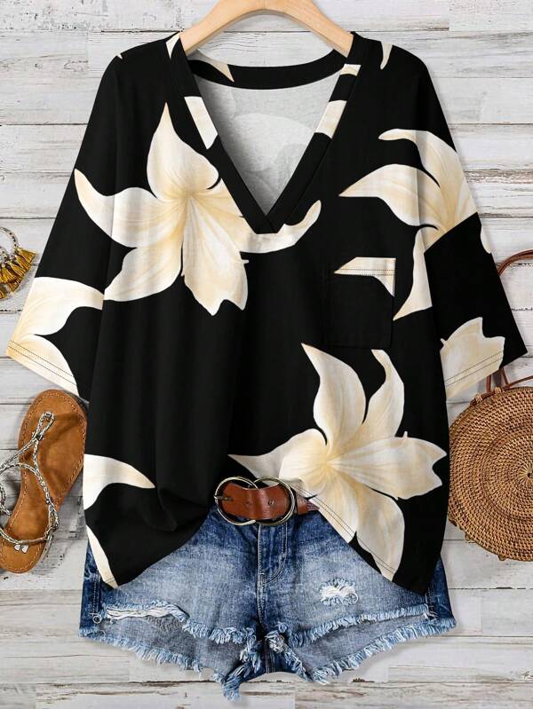 SHEIN LUNE Plus Size Women Summer Floral Print Casual T-Shirt, Suitable For Holiday