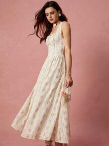 Enchnt Spring/Summer Romantic Women's Apricot Little Rose Print Square Neck Ruched Cross-Tie Back Sleeveless Princess Long Dress,Sweet&Elegant For Vacation&Date&Holiday&Party&Graduation&Wedding Guest&Beach&Boho Chic,Prom Dress,Summer Dresses For Women,Sun Dresses For Women,Summer Clothes, ,Elegant Dresses For Party - Baby Pink - View 5