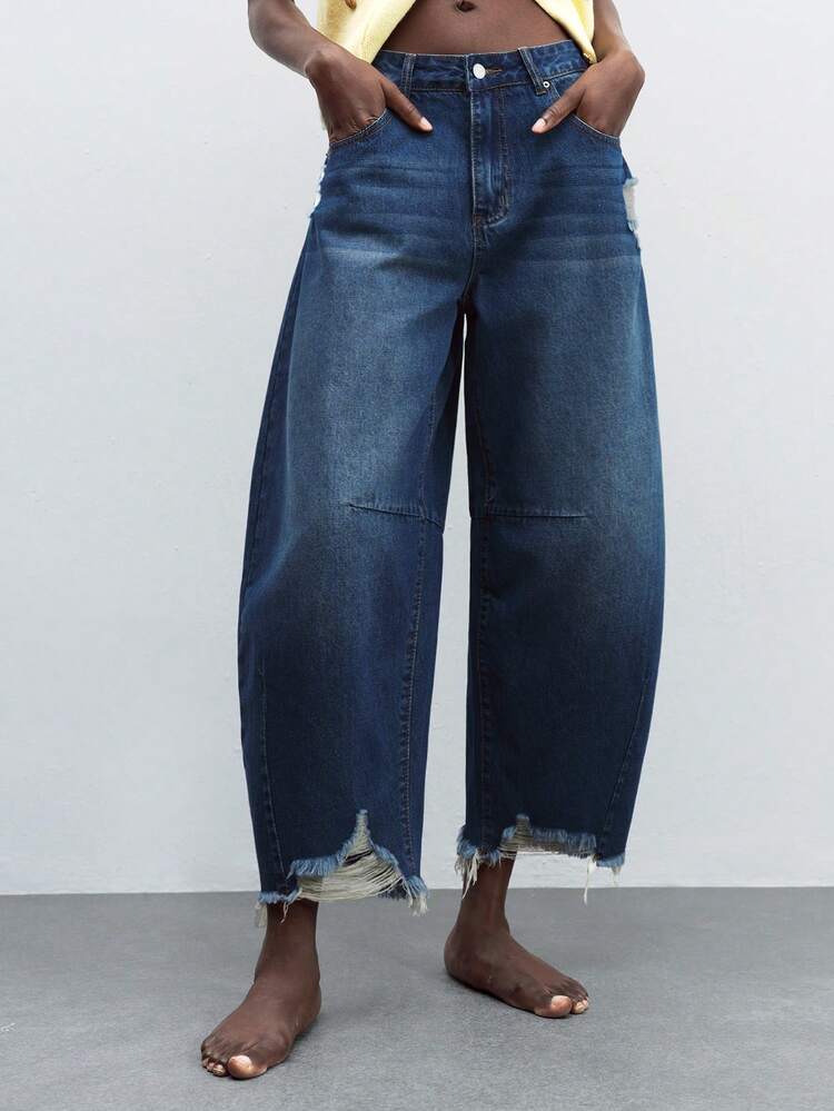 SHEIN Maija Women's Casual Low Waist Distressed Denim Jeans, Suitable For Urban Commute, Business, Casual Wear, Office, Party And Gathering, Autumn