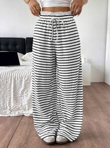 Comfortcana Women's Knit Striped Lace Waist Hem Loose Wide Leg Pants - Black and White - View 6