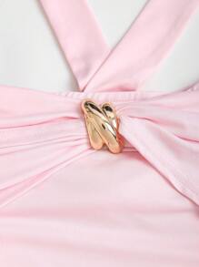 Sweetra Women's Light Pink Neck-Tie Crinkle Asymmetrical Hem Top, Spring/Summer - Baby Pink - View 3