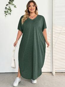 SHEIN CURVE+ Plus Size Women's Solid V-Neck Bat Sleeve Pocket Casual T-Shirt Dress, Summersummer/Country/Beach Vacation Outfits/Beach Outfits/Beach Wear,Summer Dresses For Women,Maxi Dress - Dark Green - View 7