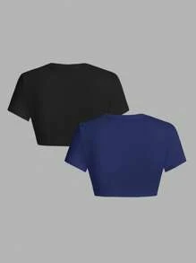 SHEIN ICON 休闲纯色修身超短袖T恤，适合夏季穿着，女士露脐上衣套装 - 彩色 - 查看 2