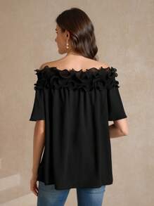 Amorya 一字肩荷葉邊襯衫 - 黑色 - 查看 3