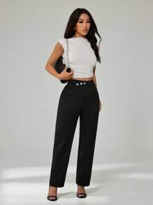 SHEIN PETITE Women's Solid Minimalist Basic Button Front Pants - Black - View 6