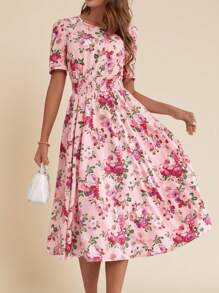 SHEIN Clasi Floral Printed Round Neck & Drawstring Waist Puff Sleeve A-Line Wedding Women Dress - Multicolor - View 2