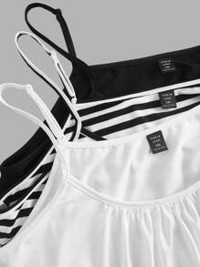 SHEIN EZwear Camiseta de tirantes minimalista y casual de talla grande, para club, aeropuerto, maestras, vacaciones, playa - Paquete de 3 tops con diseño de rayas, camisetas básicas - Blanco y Negro - Ver 4