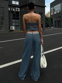 DAZY 2pcs/Set Women Summer Stripe Bandeau Top And Loose Wide Leg Jeans, Casual Denim Outfit