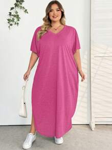 SHEIN CURVE+ Plus Size Women's Spring/Summer New Fashion Commuter Casual Pocket Design Split Robe, Summer Dresses - Hot Pink - View 7