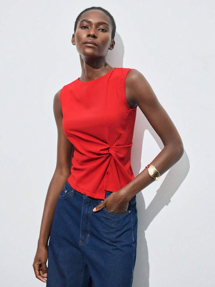 SHEIN Maija Red Summer Elegant Party Women's Top,Round Neck Asymmetric Hem Twist Cutout Shoulder Fashion Casual Urban Chic Business Daily Office Wedding